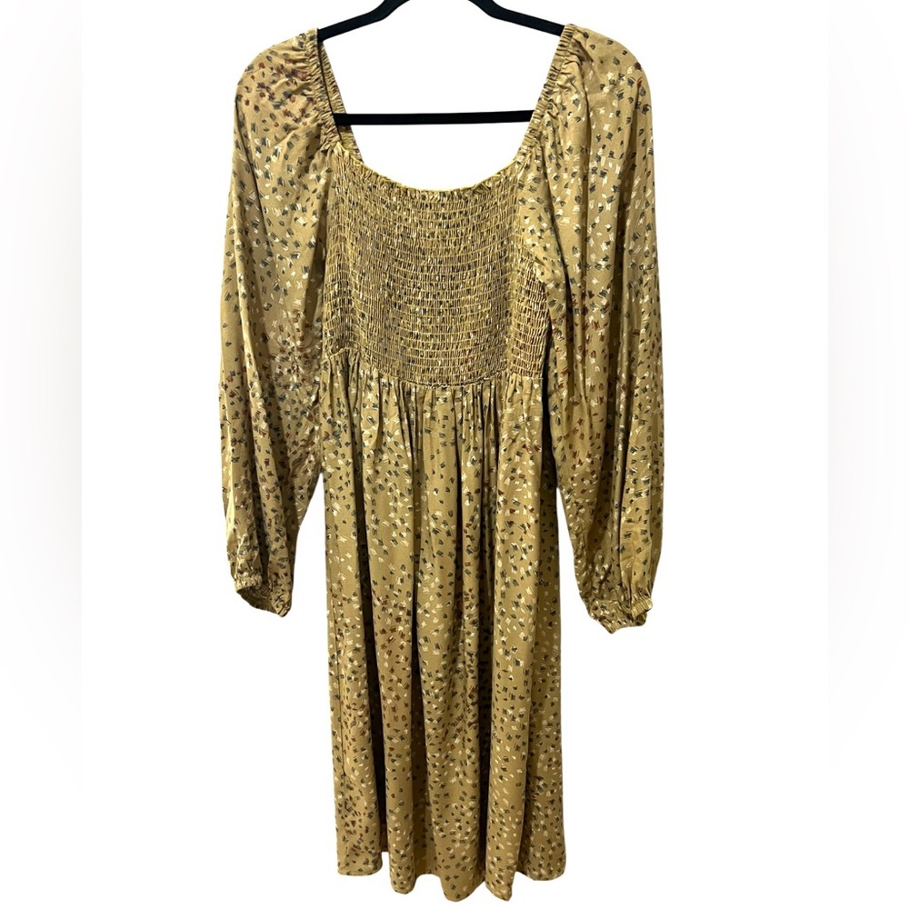 N|T Boho Midi Dress Mustard Long Balloon Sleeve Smocked  Cottagecore SZ L EUC
